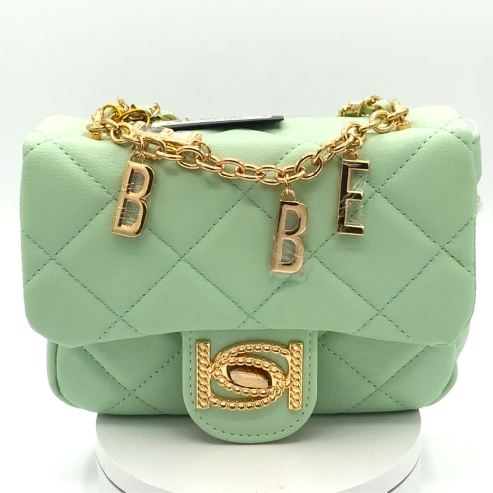 bebe Mint Green Quilted Shoulder Bag with Gold Accents